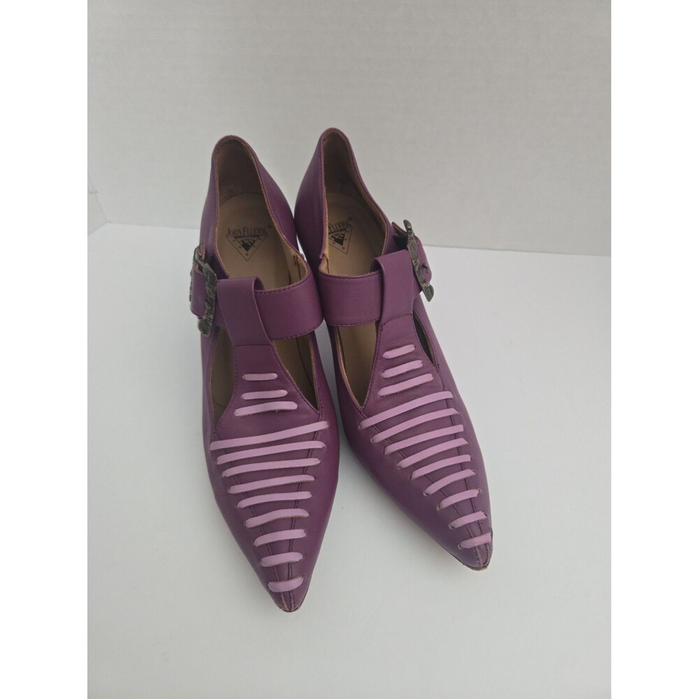 John Fluevog Purple Leather Buckle Wedge Pumps Pointed Toe Women's Shoes size 7